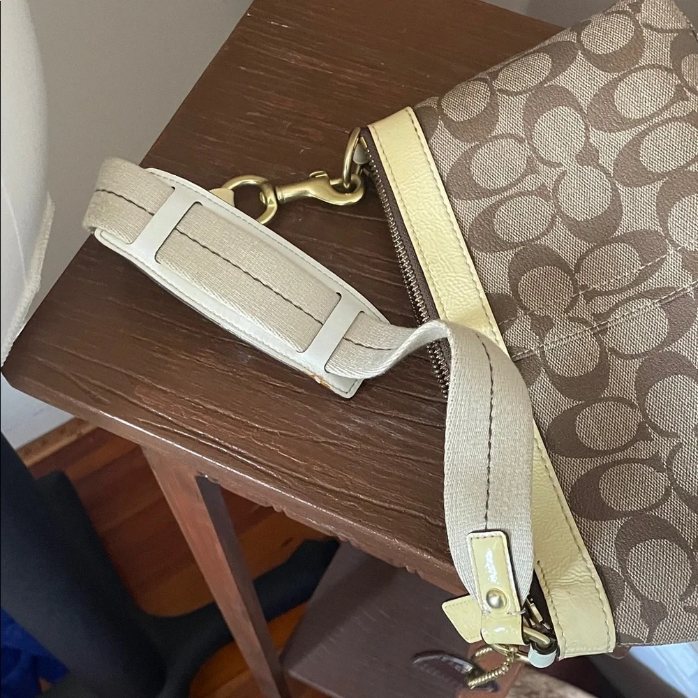 Coach Brown Signature Canvas Shoulder Bag with Cream Stripe